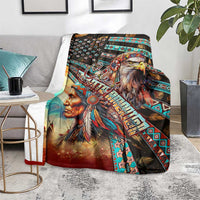 Native-themed blanket on floor with eagle portrait, horse face, and tribal stripe band