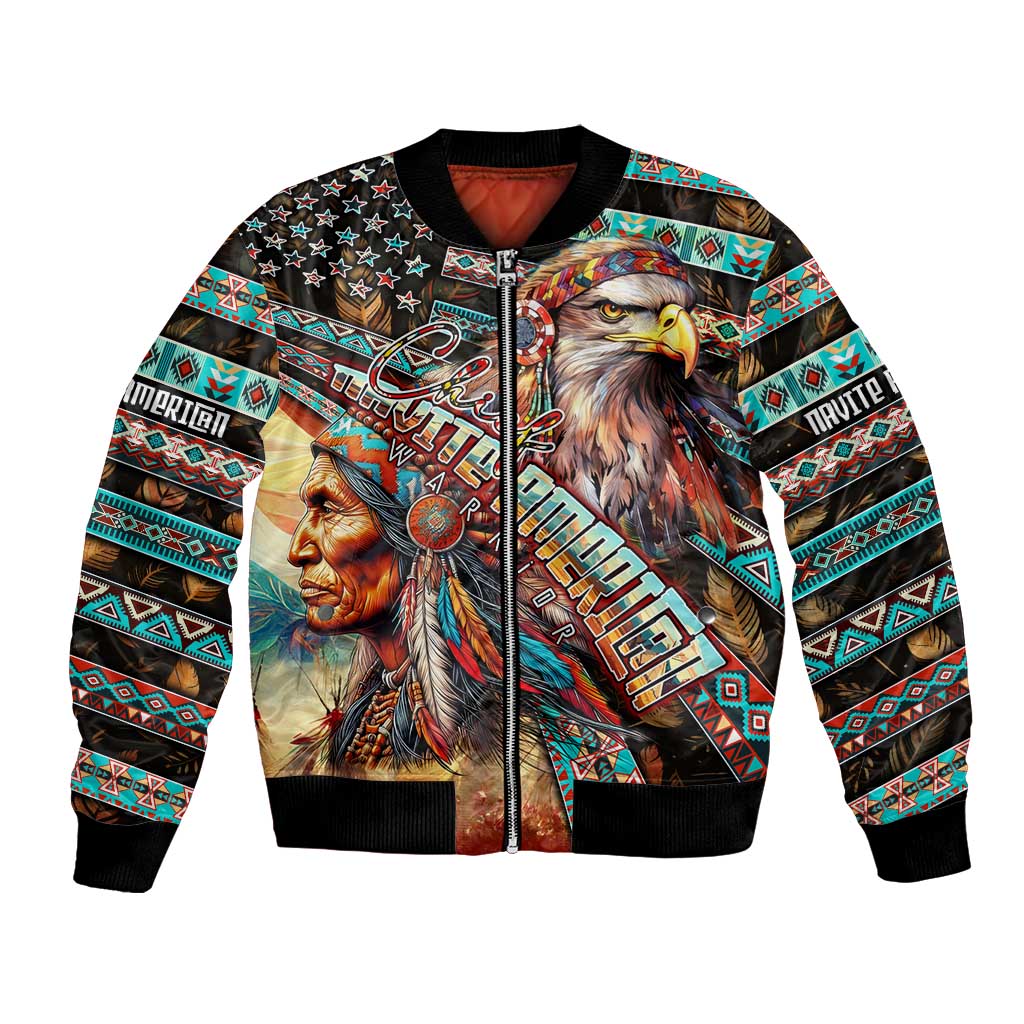 Unisex bomber jacket with zip front, eagle portrait, and tribal pattern sleeves
