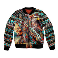 Unisex bomber jacket with zip front, eagle portrait, and tribal pattern sleeves