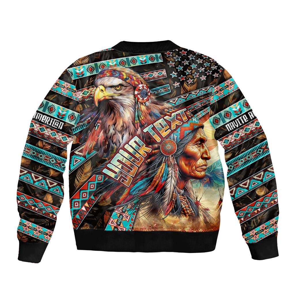 Unisex bomber jacket with central eagle artwork and geometric tribal sleeve stripes