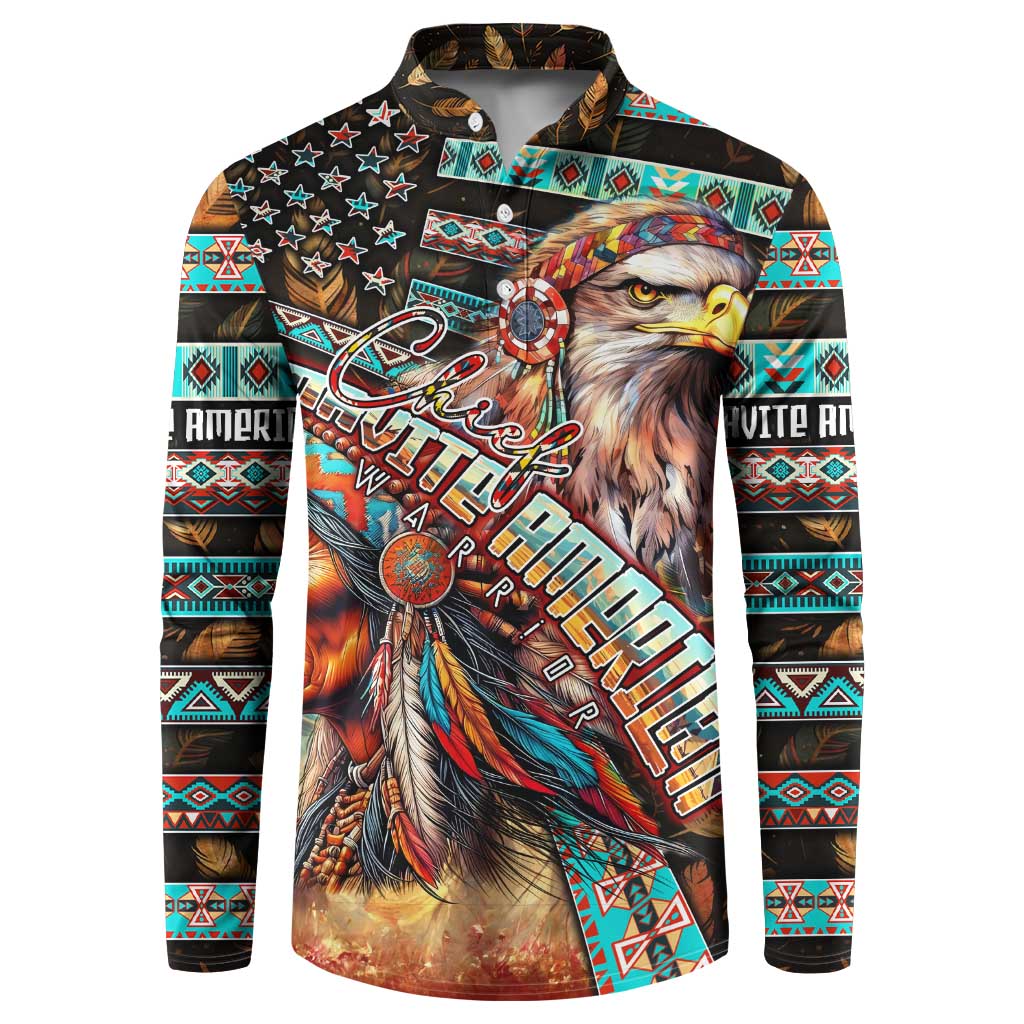 Button-up sweatshirt with eagle chief portrait and bold diagonal script, turquoise red trim.