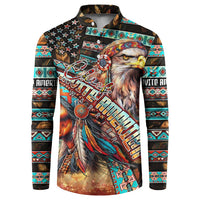 Button-up sweatshirt with eagle chief portrait and bold diagonal script, turquoise red trim.