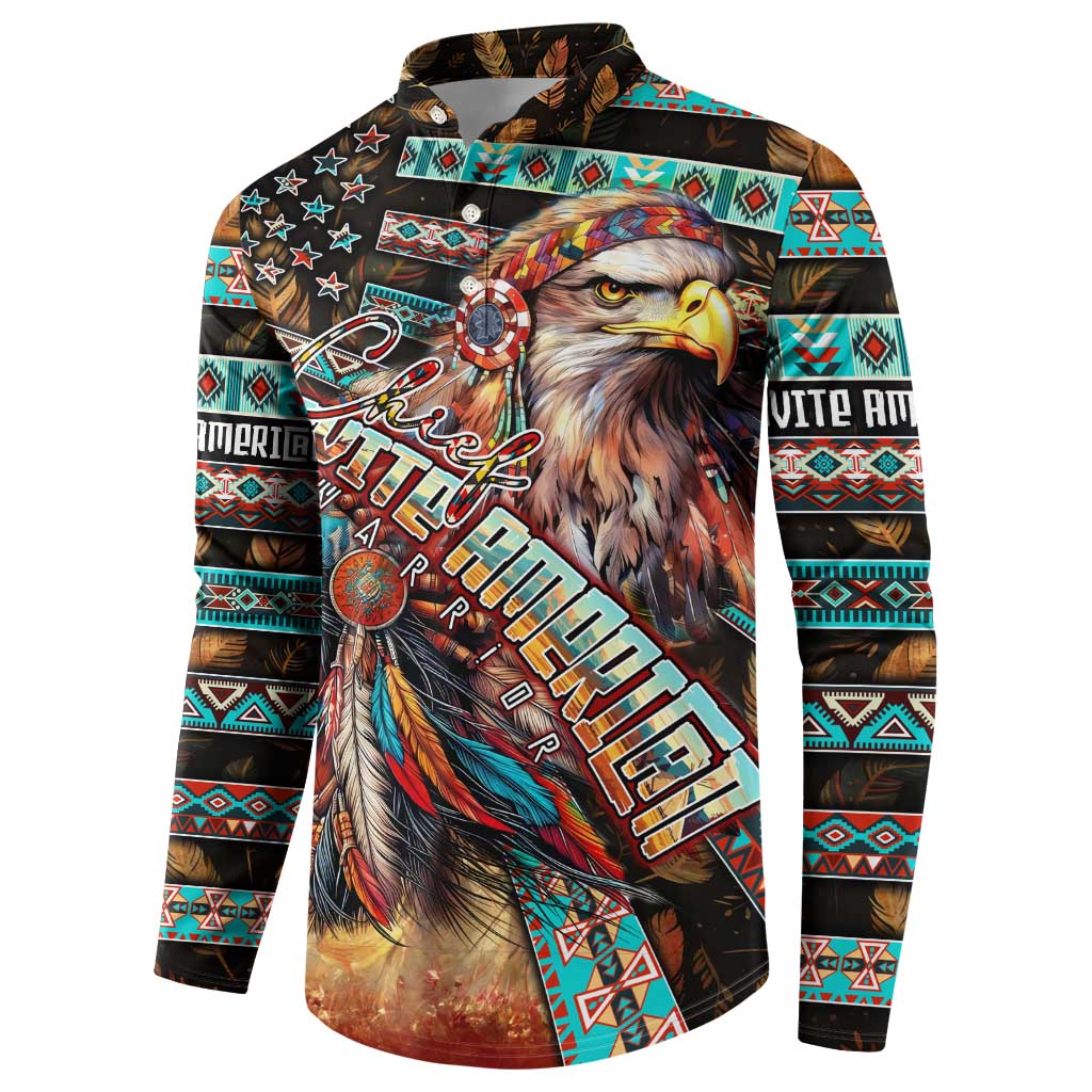 Button-up sweatshirt with eagle head graphic and patterned cuffs, star and band motifs.