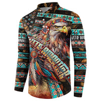 Button-up sweatshirt with eagle head graphic and patterned cuffs, star and band motifs.