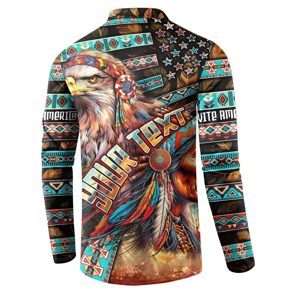 Button-up sweatshirt with eagle chief print, turquoise red geometric trim on dark fabric.