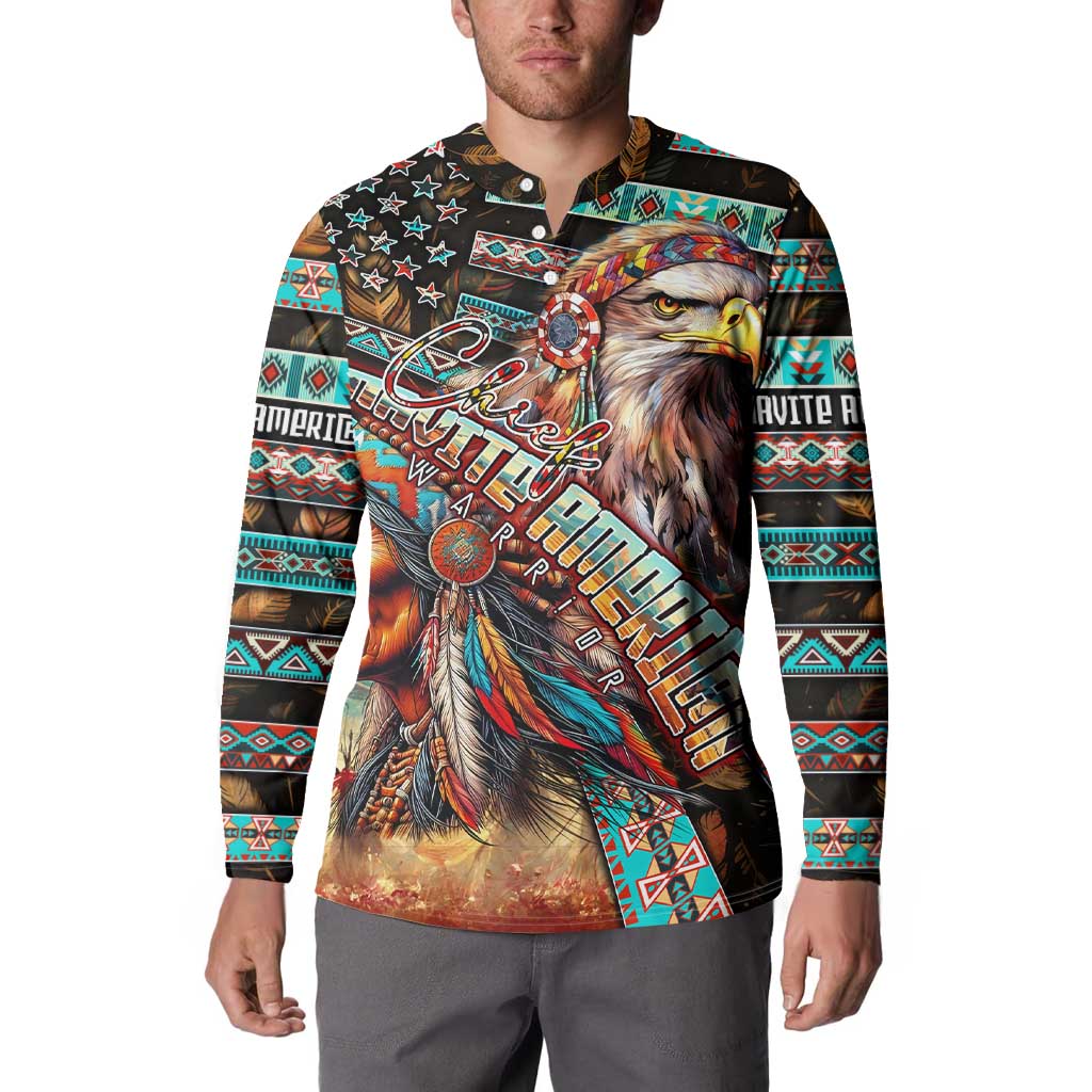 Button-up sweatshirt with eagle chief artwork across chest and geometric sleeve bands, dark base.