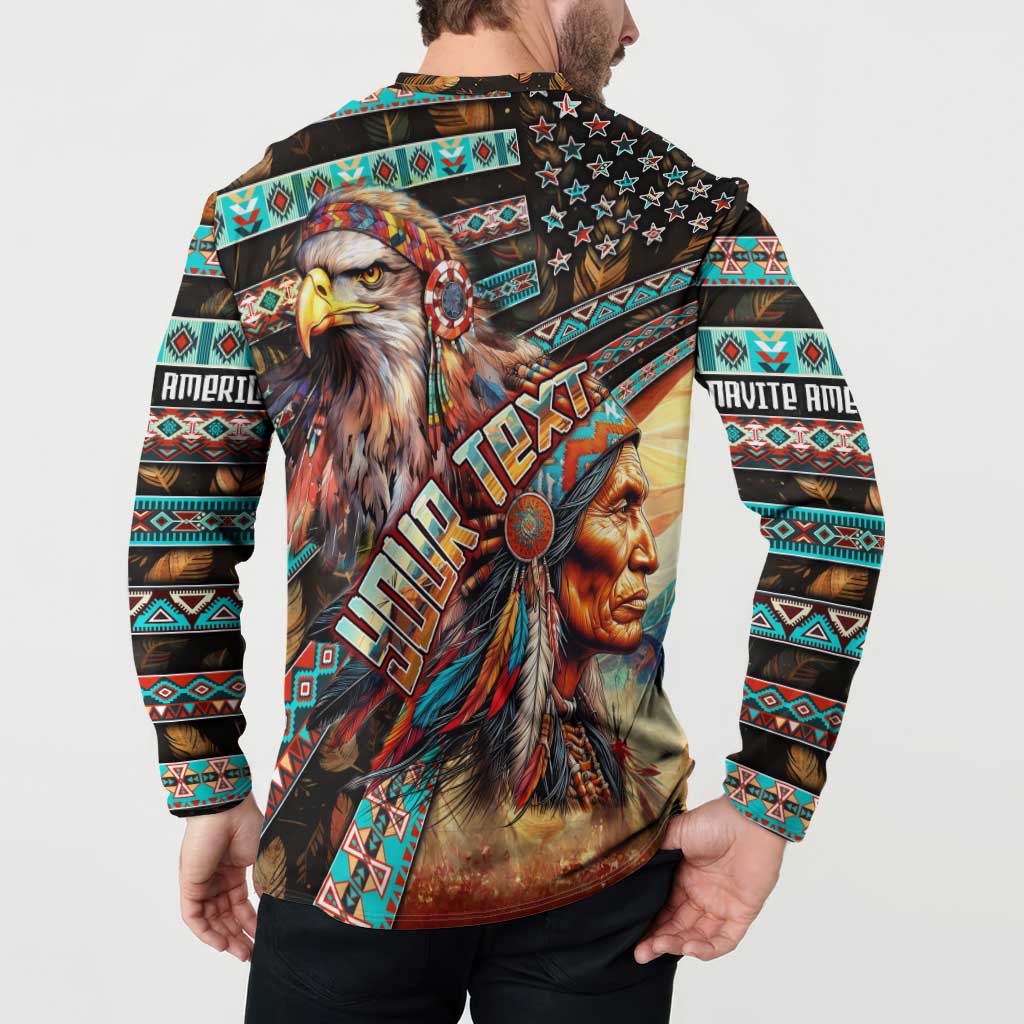 Button-up sweatshirt back with large eagle motif, turquoise red geometric stripes and script.