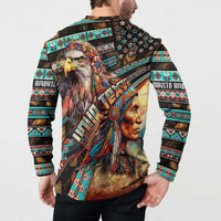 Button-up sweatshirt back with large eagle motif, turquoise red geometric stripes and script.