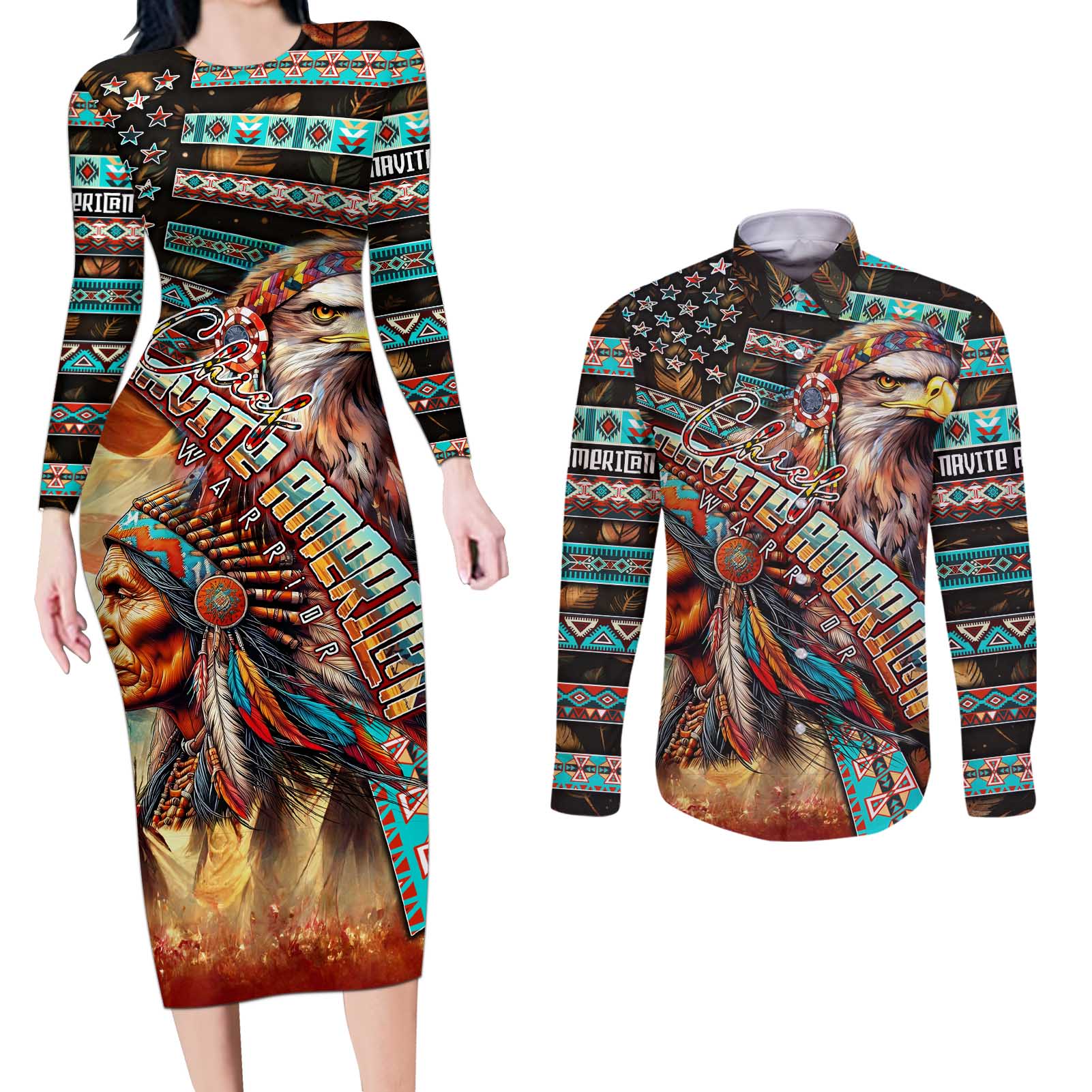 American Indian Warrior Chiefs Couples Matching Long Sleeve Bodycon Dress and Long Sleeve Button Shirt - Wonder Print Shop