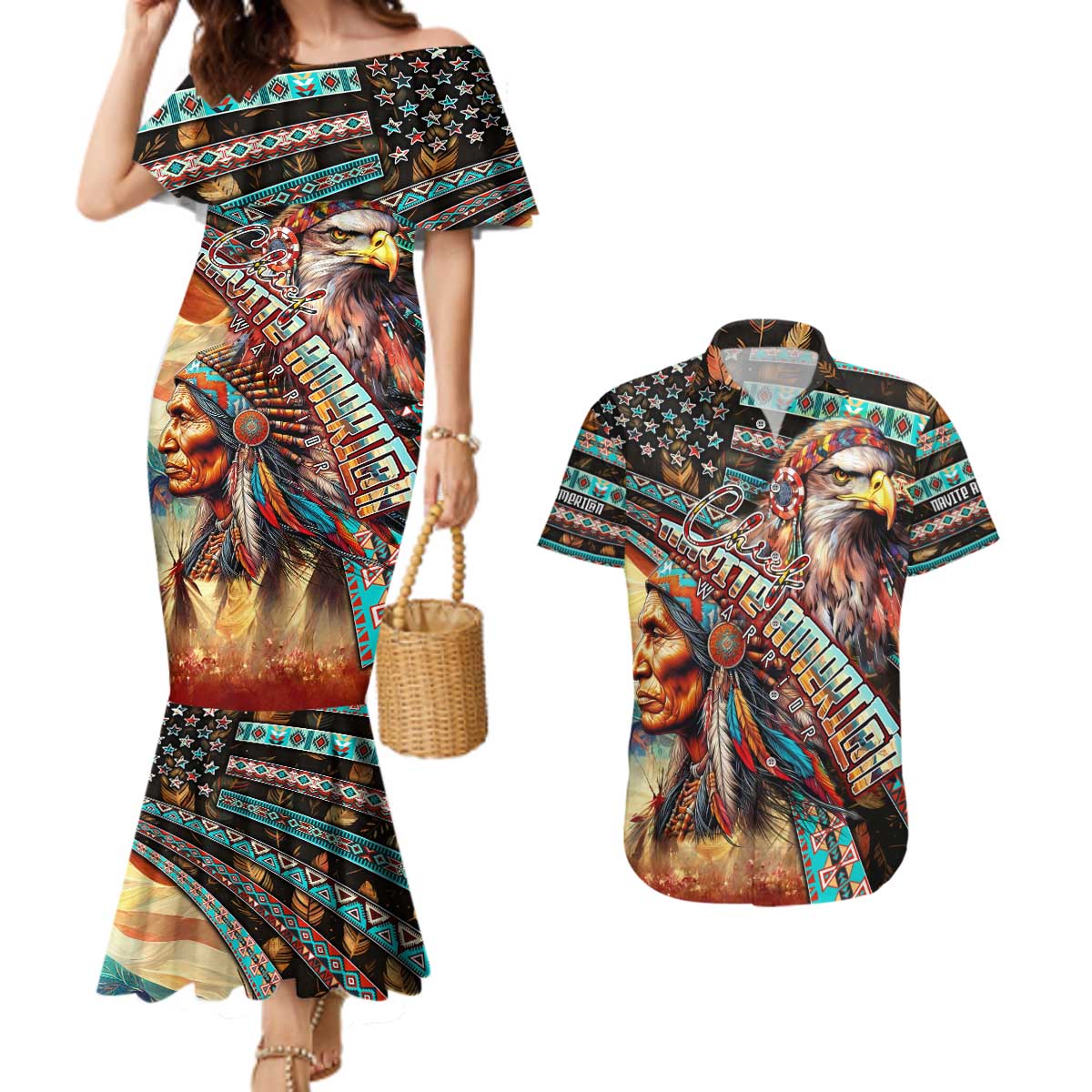 American Indian Warrior Chiefs Couples Matching Mermaid Dress and Hawaiian Shirt - Wonder Print Shop