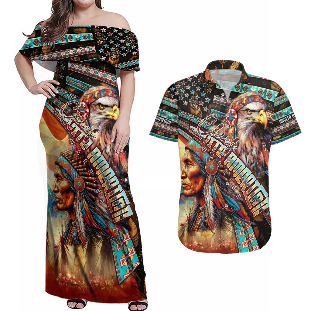 American Indian Warrior Chiefs Couples Matching Off Shoulder Maxi Dress and Hawaiian Shirt - Wonder Print Shop