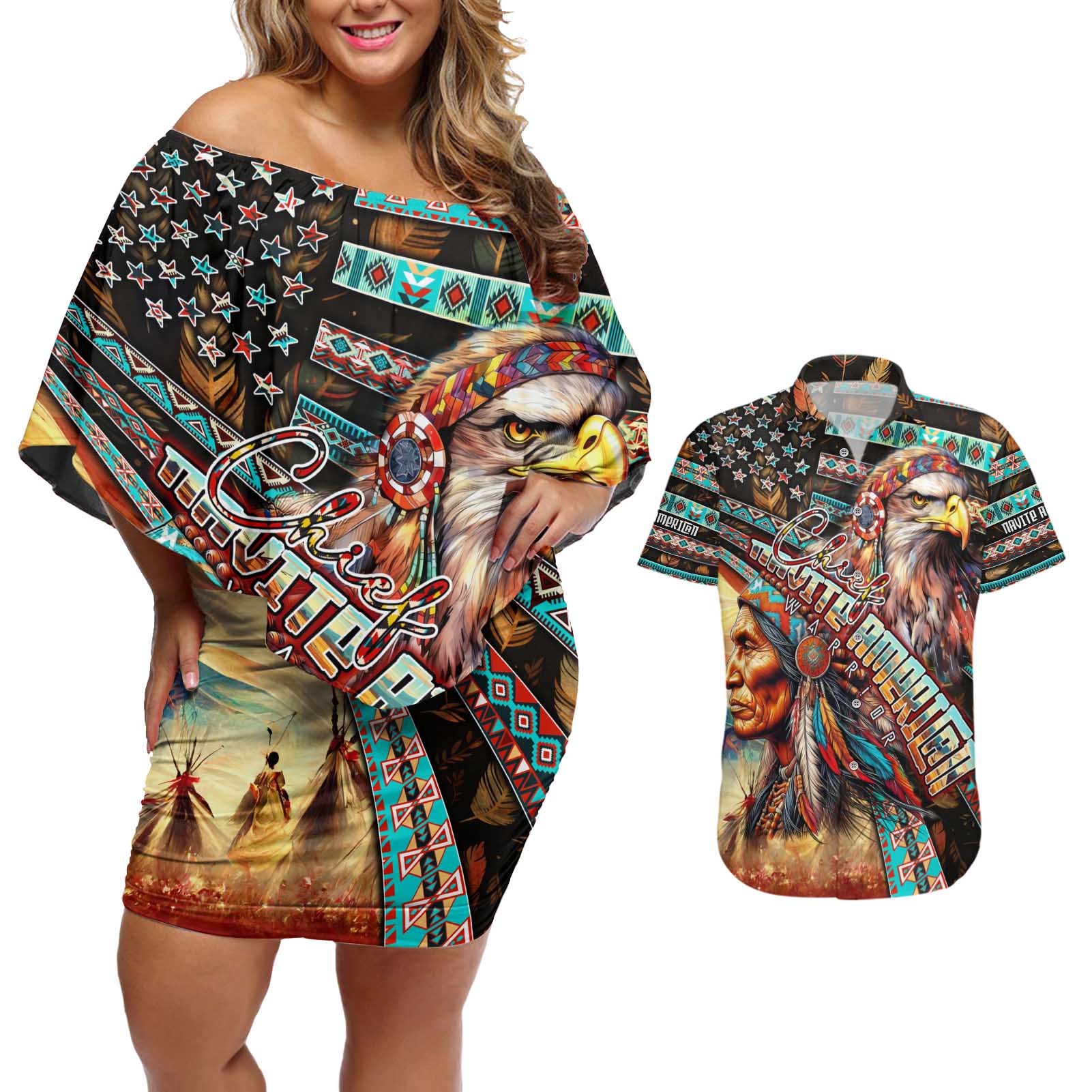 American Indian Warrior Chiefs Couples Matching Off Shoulder Short Dress and Hawaiian Shirt - Wonder Print Shop