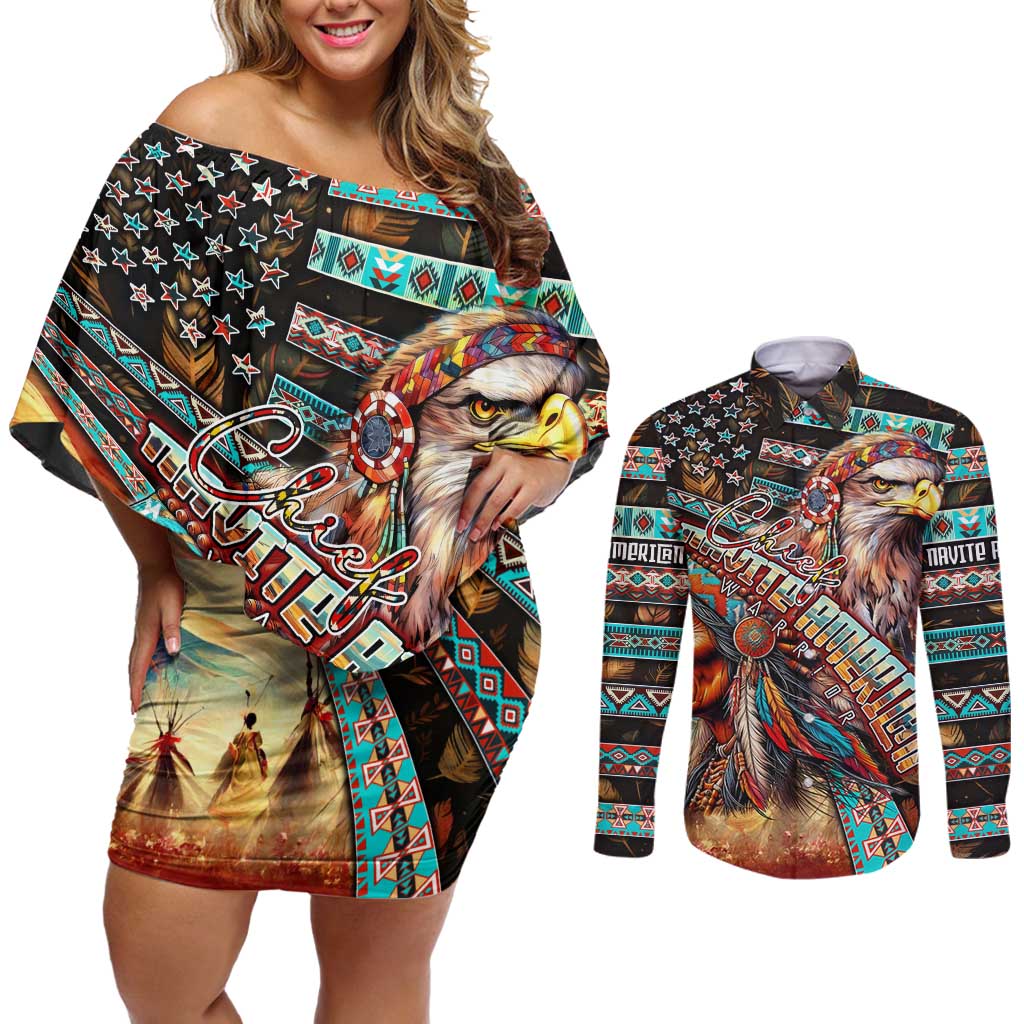 American Indian Warrior Chiefs Couples Matching Off Shoulder Short Dress and Long Sleeve Button Shirt - Wonder Print Shop