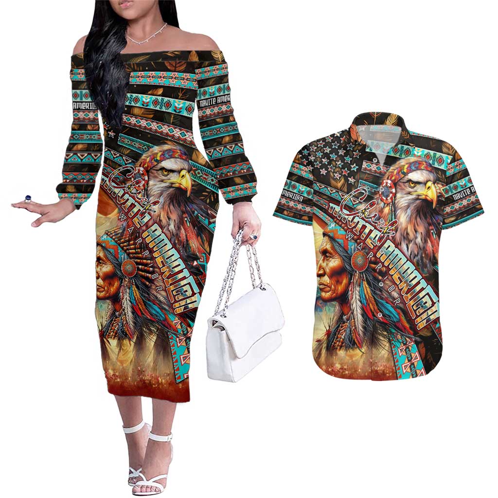 American Indian Warrior Chiefs Couples Matching Off The Shoulder Long Sleeve Dress and Hawaiian Shirt - Wonder Print Shop