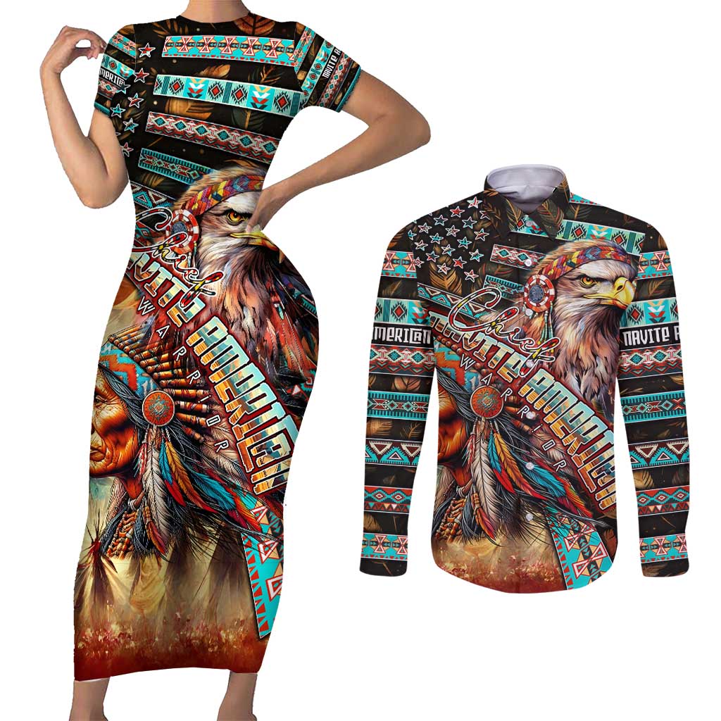 American Indian Warrior Chiefs Couples Matching Short Sleeve Bodycon Dress and Long Sleeve Button Shirt - Wonder Print Shop