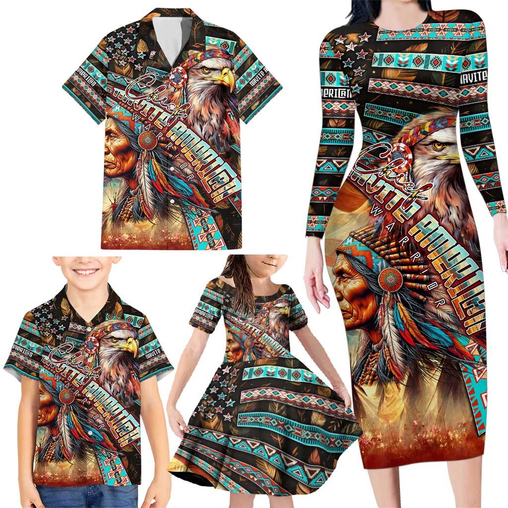 American Indian Warrior Chiefs Family Matching Long Sleeve Bodycon Dress and Hawaiian Shirt - Wonder Print Shop