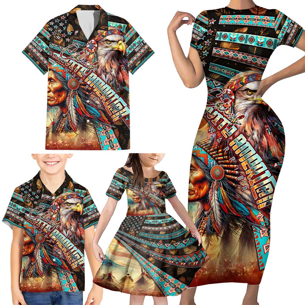 American Indian Warrior Chiefs Family Matching Short Sleeve Bodycon Dress and Hawaiian Shirt - Wonder Print Shop