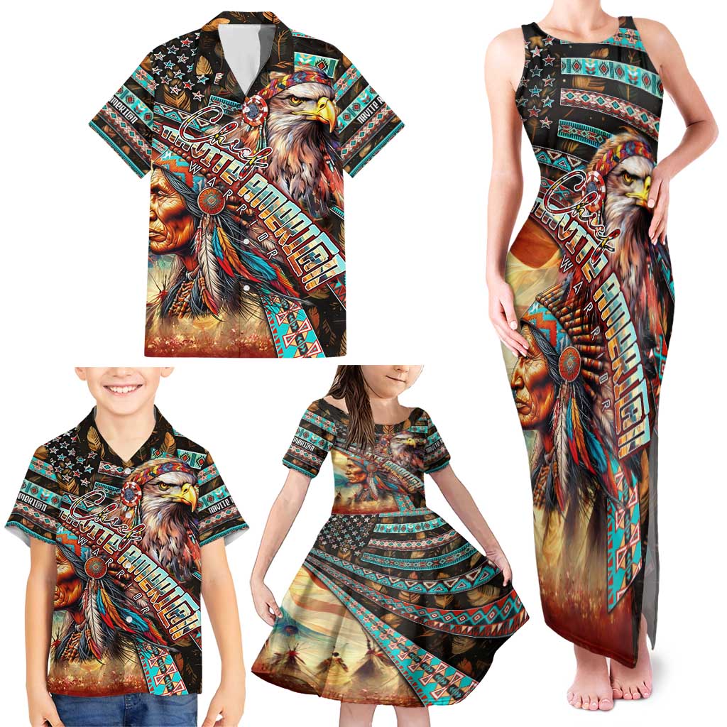 American Indian Warrior Chiefs Family Matching Tank Maxi Dress and Hawaiian Shirt - Wonder Print Shop