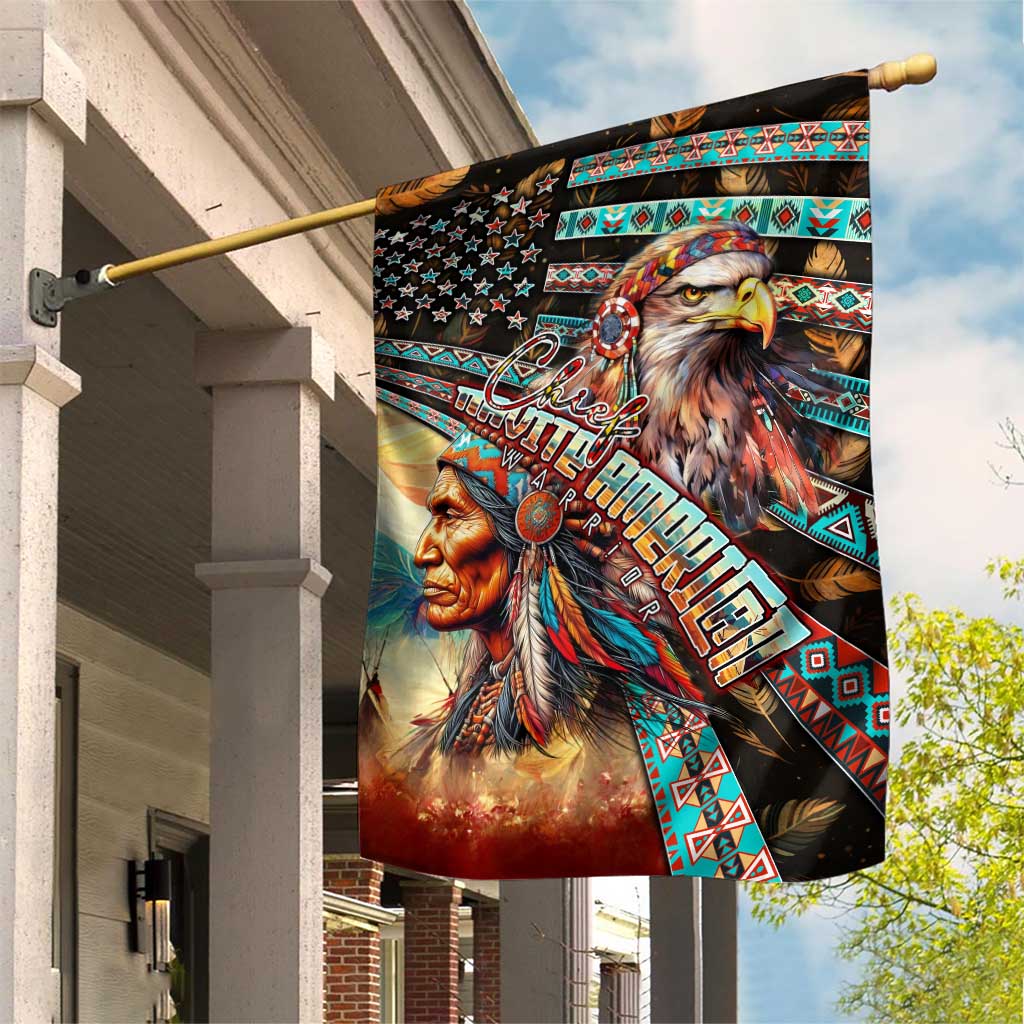 Garden flag with eagle and Native American chief artwork, stars and geometric trim