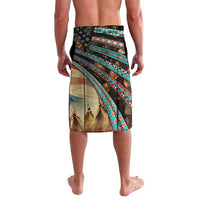 Men's wrap skirt with geometric tribal stripes and tan landscape print; black waistband