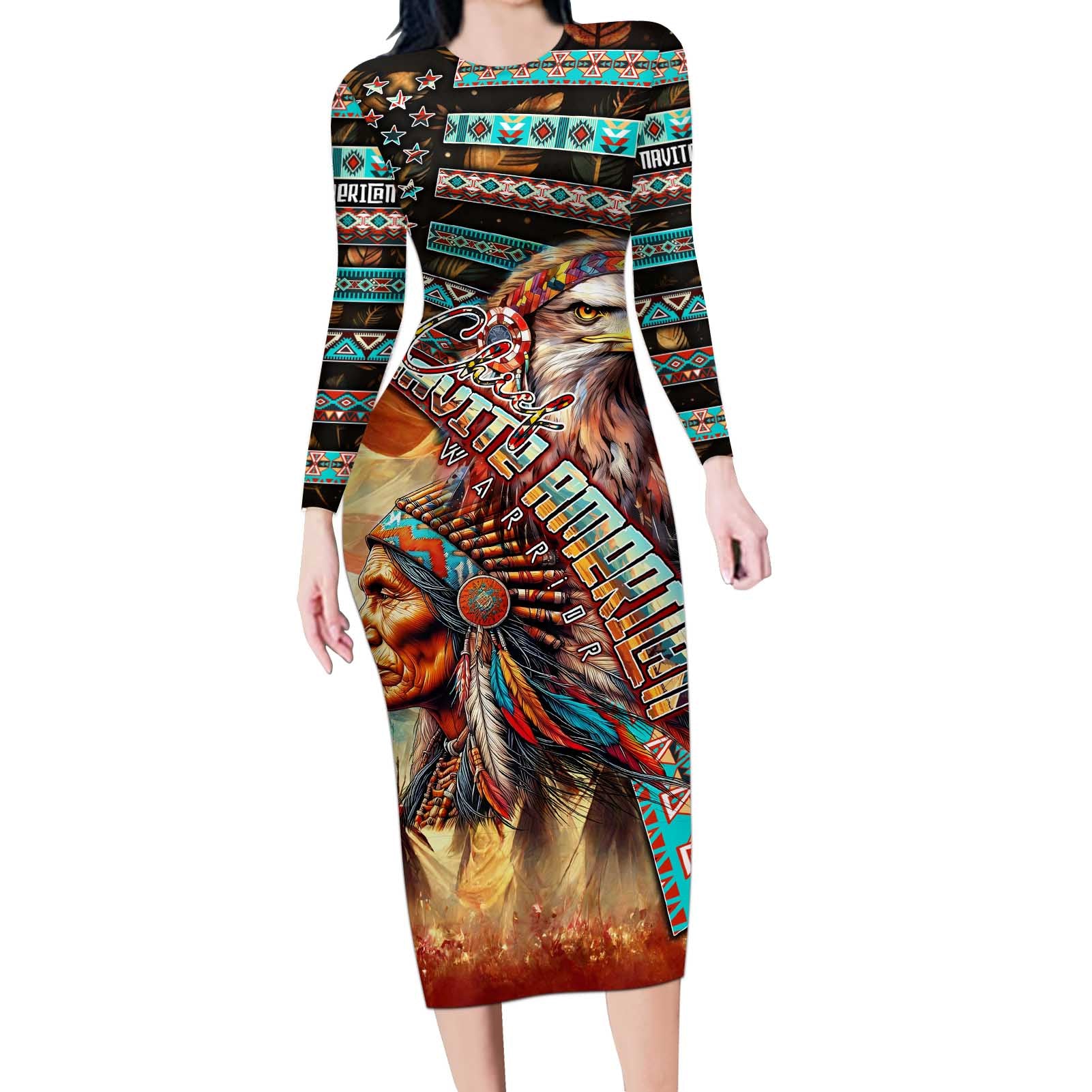 American Indian Warrior Chiefs Long Sleeve Bodycon Dress - Wonder Print Shop