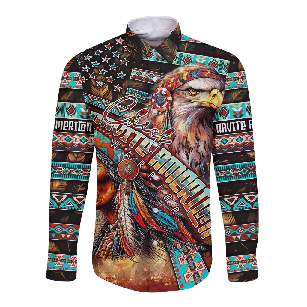 Long sleeve button shirt with dark base and colorful eagle chief graphic