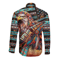 Long sleeve button shirt with colorful eagle chief art and patterned bands on sleeves