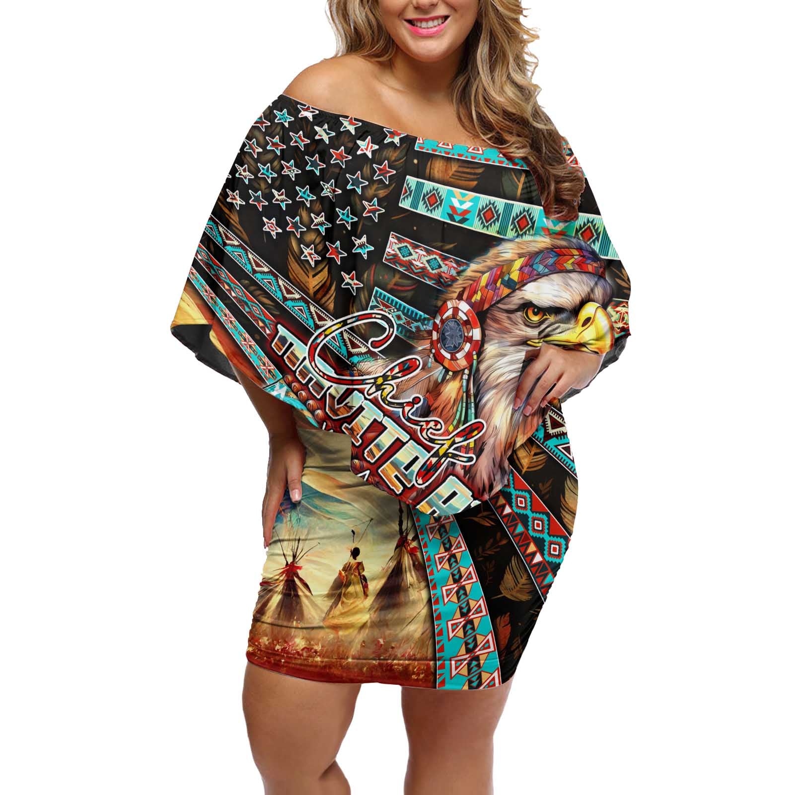 American Indian Warrior Chiefs Off Shoulder Short Dress - Wonder Print Shop