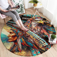 Round carpet with eagle head, chief profile, and teal and red geometric trim