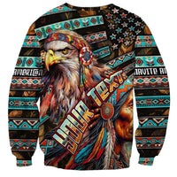 Unisex crewneck sweatshirt with centered eagle head, drum, and tribal geometric print