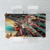 Printed tablecloth with bold Native-inspired patterns, eagle and tribal border in teal, black, red