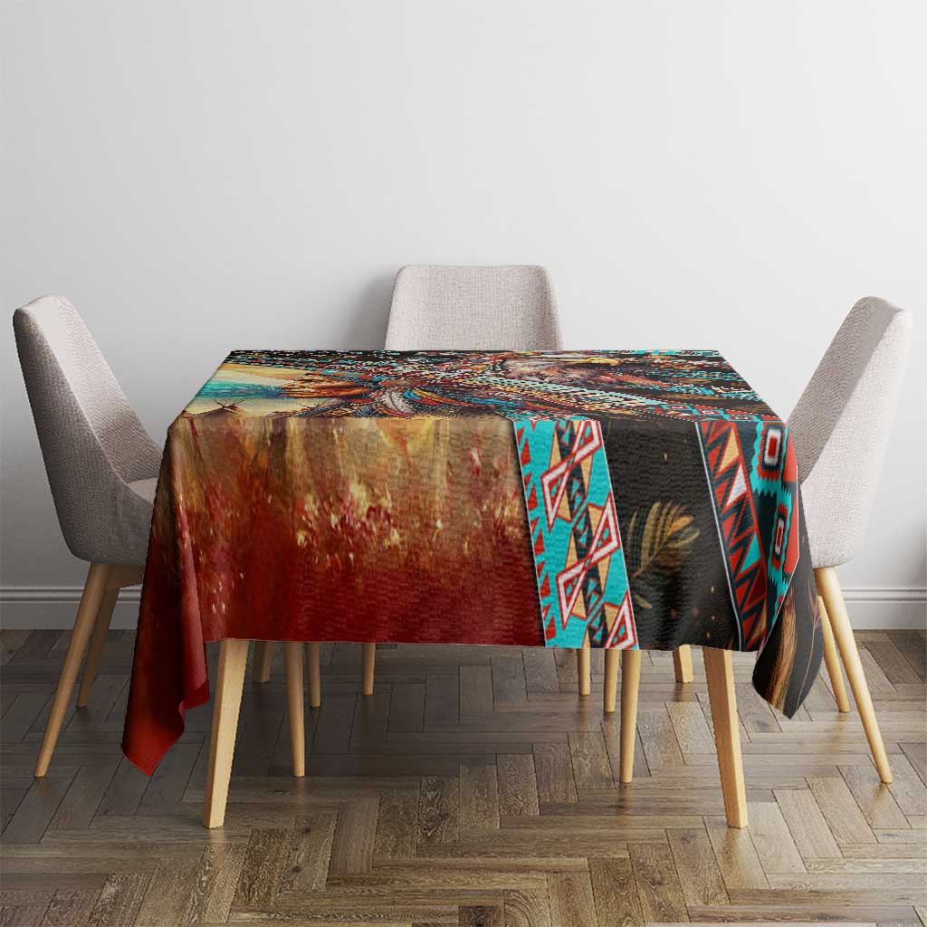 Printed dining tablecloth, dark pattern with teal and red accents and a wide rust-colored center