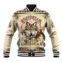 Beige baseball jacket with wolf dreamcatcher graphic, button front, striped ribbed collar and cuffs.