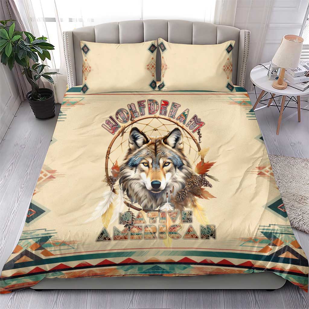 Beige wolf dreamcatcher duvet cover with two pillows, colorful tribal-style trim