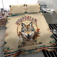 Beige wolf dreamcatcher bedding set, duvet with centered wolf dreamcatcher print