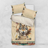 Beige wolf dreamcatcher bedding set with matching pillows and geometric border