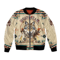 Beige bomber jacket with wolf dreamcatcher graphic, front zip and black ribbed trim