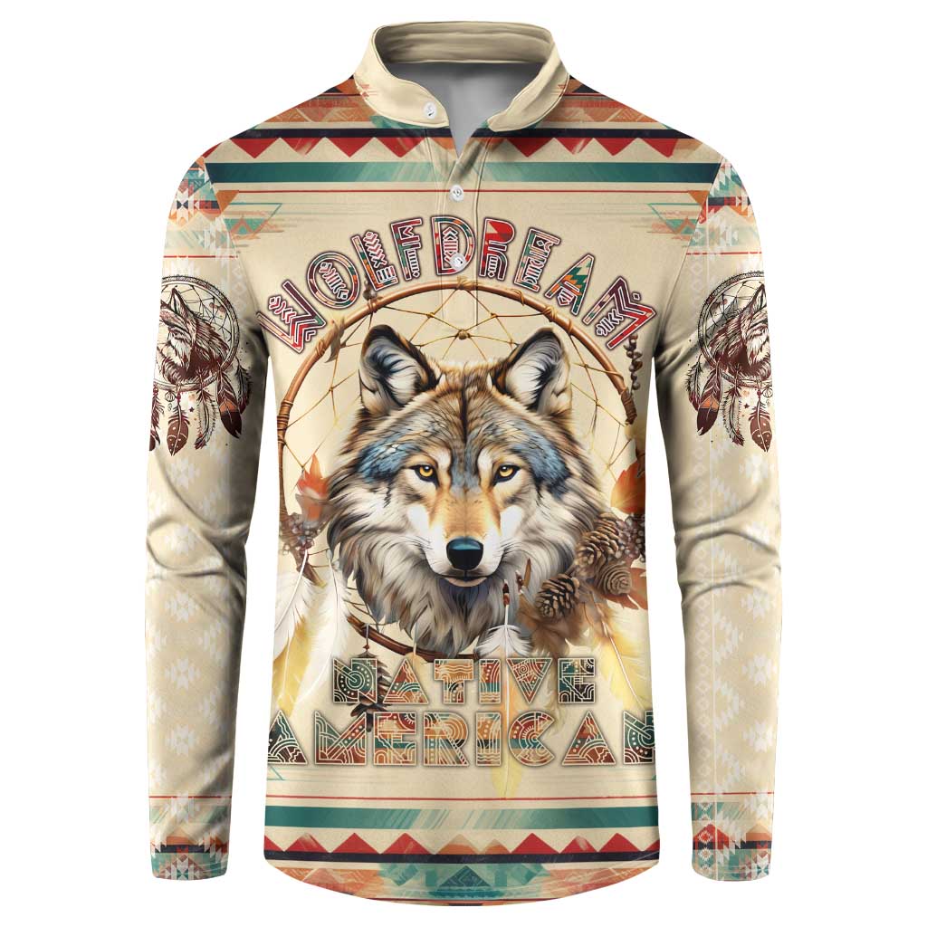 Beige wolf dreamcatcher graphic sweatshirt with quarter-button placket