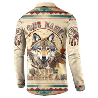 Beige wolf dreamcatcher back graphic sweatshirt, quarter-button collar, long sleeves