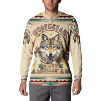 Beige wolf dreamcatcher graphic sweatshirt on model, quarter-button long sleeves