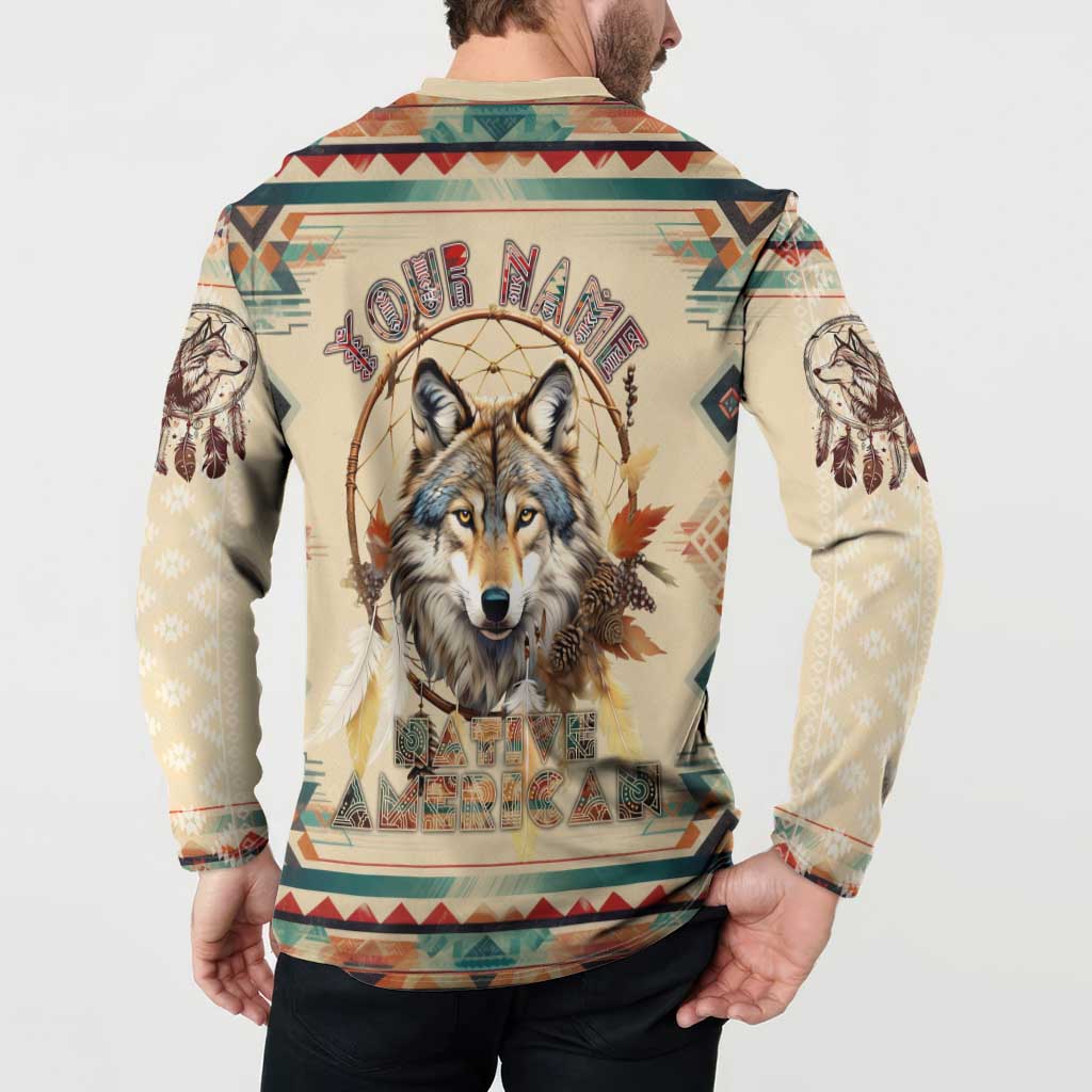 Beige back view wolf dreamcatcher graphic quarter-button sweatshirt, long sleeves