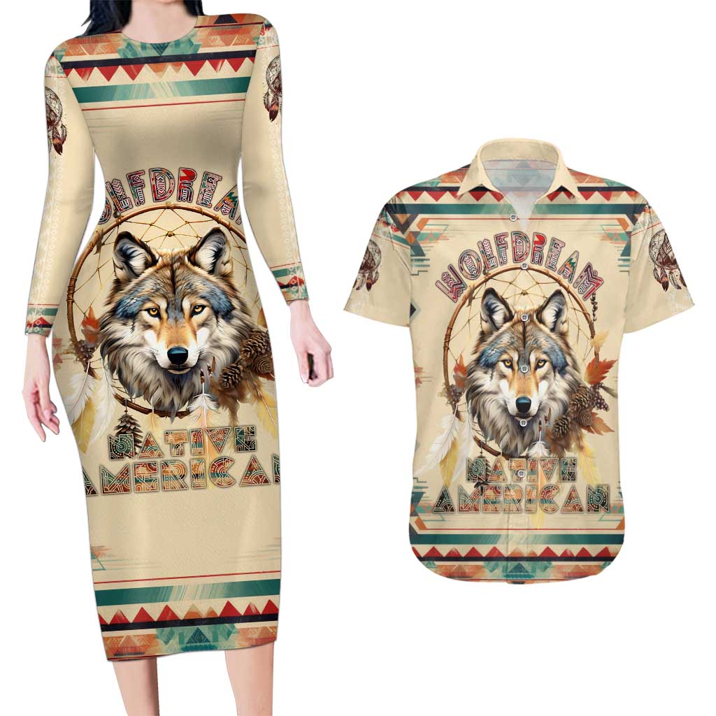 Native American Wolf Dreamcatcher Couples Matching Long Sleeve Bodycon Dress and Hawaiian Shirt Vintage Style