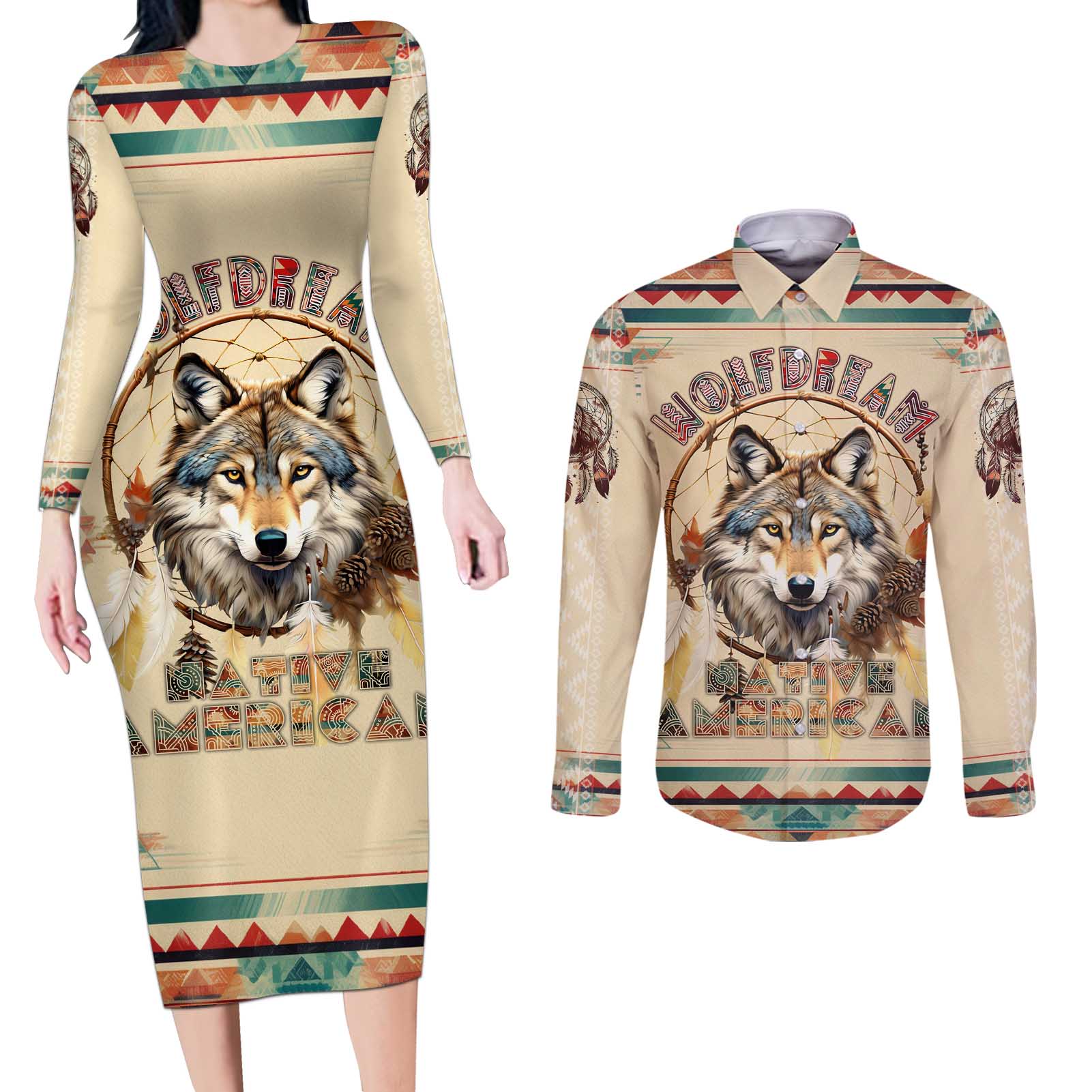 Native American Wolf Dreamcatcher Couples Matching Long Sleeve Bodycon Dress and Long Sleeve Button Shirt Vintage Style