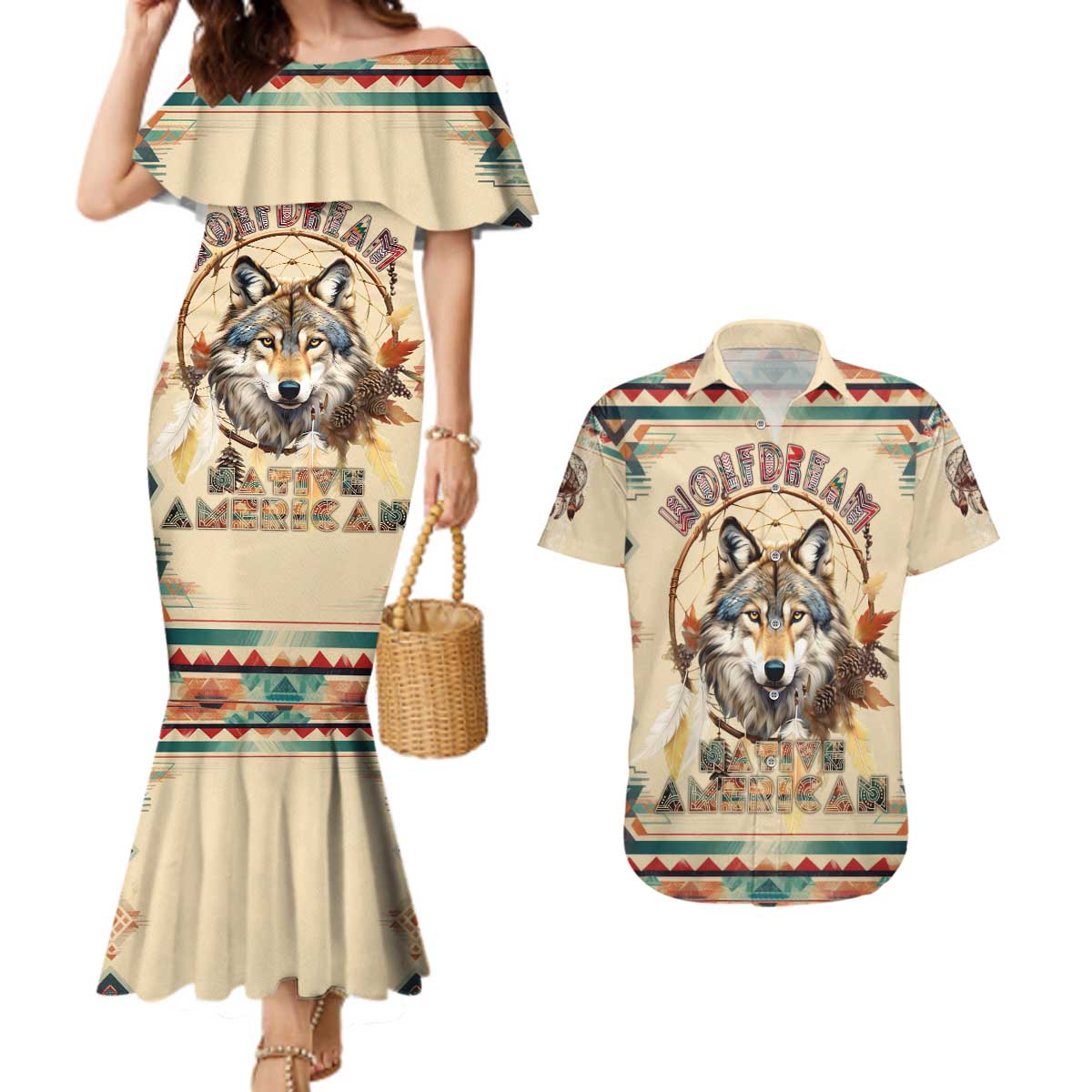 Native American Wolf Dreamcatcher Couples Matching Mermaid Dress and Hawaiian Shirt Vintage Style