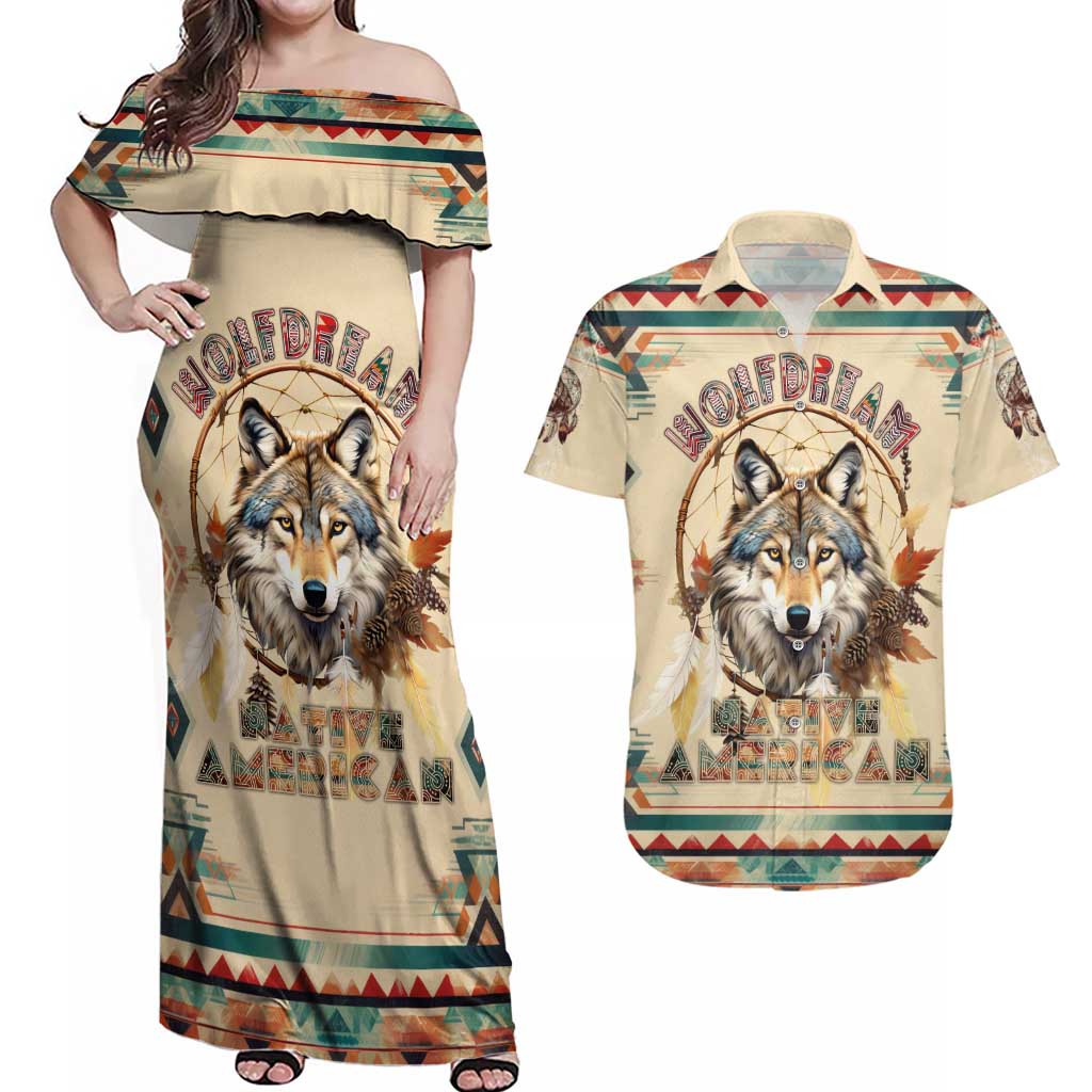 Native American Wolf Dreamcatcher Couples Matching Off Shoulder Maxi Dress and Hawaiian Shirt Vintage Style