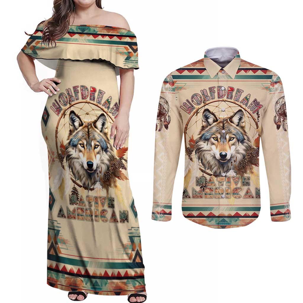 Native American Wolf Dreamcatcher Couples Matching Off Shoulder Maxi Dress and Long Sleeve Button Shirt Vintage Style