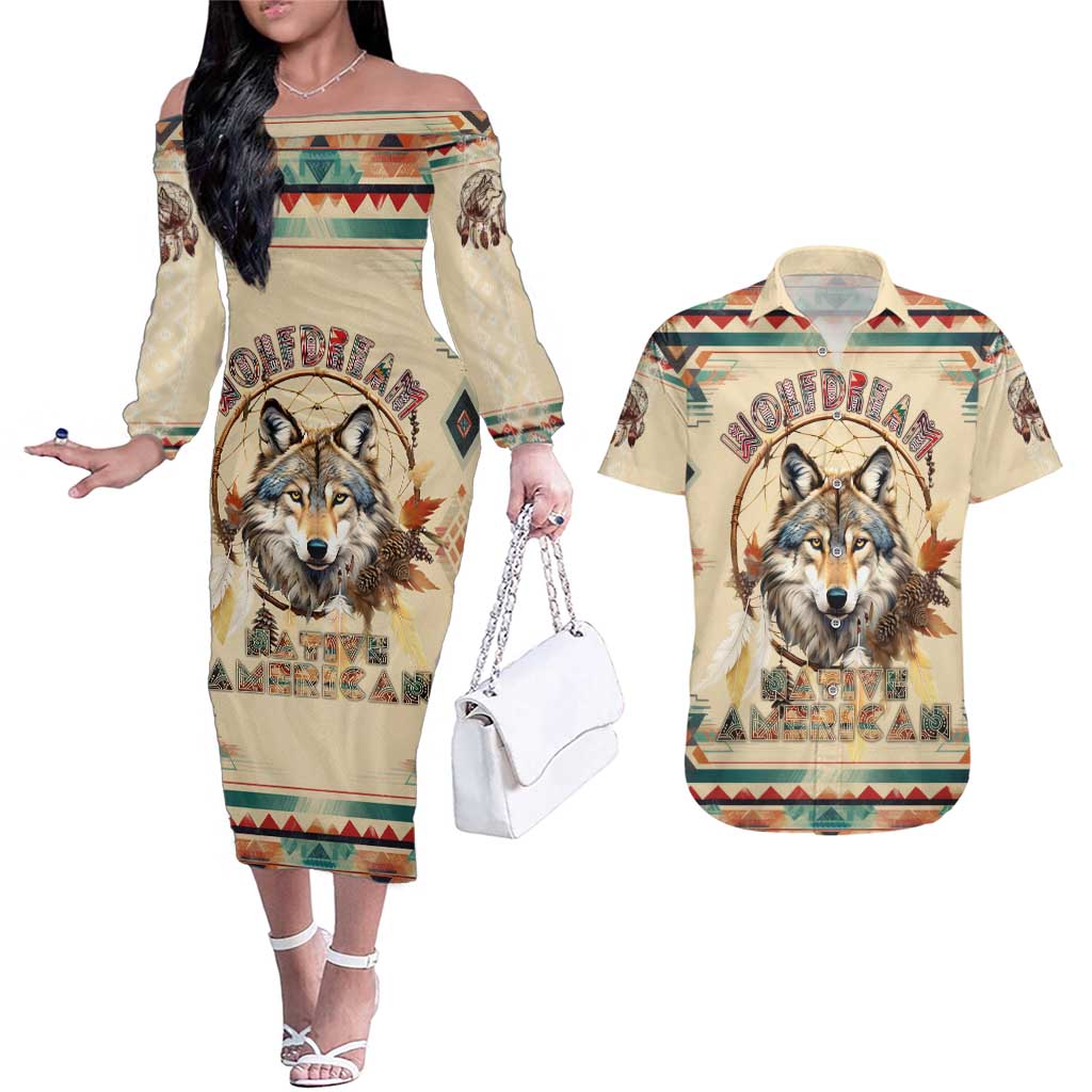 Native American Wolf Dreamcatcher Couples Matching Off The Shoulder Long Sleeve Dress and Hawaiian Shirt Vintage Style