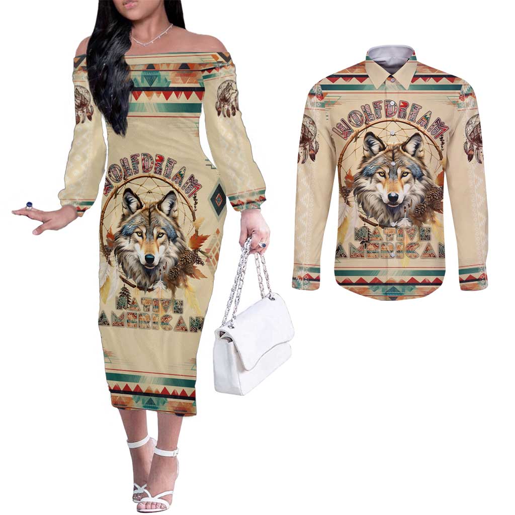 Native American Wolf Dreamcatcher Couples Matching Off The Shoulder Long Sleeve Dress and Long Sleeve Button Shirt Vintage Style