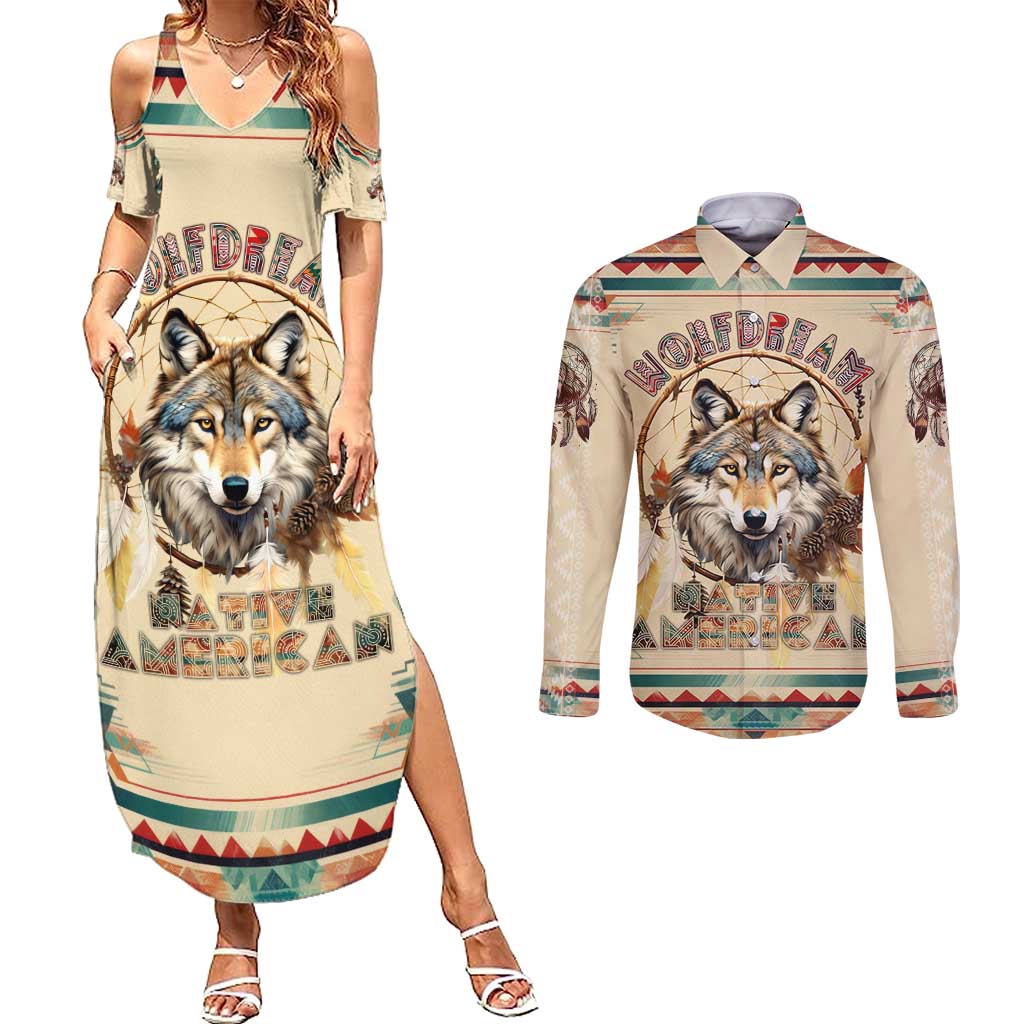 Native American Wolf Dreamcatcher Couples Matching Summer Maxi Dress and Long Sleeve Button Shirt Vintage Style