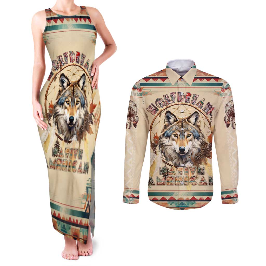 Native American Wolf Dreamcatcher Couples Matching Tank Maxi Dress and Long Sleeve Button Shirt Vintage Style